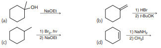 35. What are the best reagents to accomplish this transformation?
a. t-BuOK
b. NaC≡CH, followed by H2 and Pt
c. NaC≡CH, followed by H2 and Lindlar’s catalyst
d. NaOH, followed by t-BuOK
36. Which of the following represents an efficient synthesis of 1-methylcyclohexene?
37. Which reaction sequence best accomplishes this transformation?