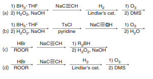 35. What are the best reagents to accomplish this transformation?
a. t-BuOK
b. NaC≡CH, followed by H2 and Pt
c. NaC≡CH, followed by H2 and Lindlar’s catalyst
d. NaOH, followed by t-BuOK
36. Which of the following represents an efficient synthesis of 1-methylcyclohexene?
37. Which reaction sequence best accomplishes this transformation?