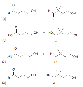 46. Which monomer can be used to prepare the following polymer under acidic conditions?
47. Which monomers are formed when the following polymer undergoes acid-catalyzed hydrolysis?
48. Which polymer is formed by the condensation of these two monomers?
