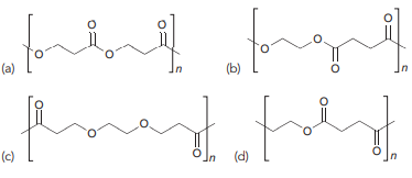 46. Which monomer can be used to prepare the following polymer under acidic conditions?
47. Which monomers are formed when the following polymer undergoes acid-catalyzed hydrolysis?
48. Which polymer is formed by the condensation of these two monomers?