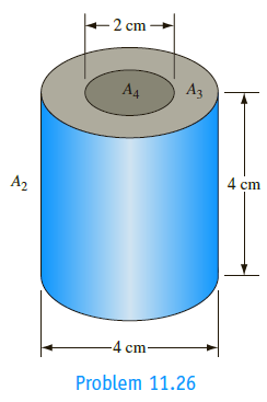 A 4-cm-diameter cylindrical enclosure with black surfaces, as shown in the accompanying sketch, has a 2-cm hole in the top cover. Assuming the walls of the enclosure are all at the same temperature, determine the percentage of the total radiation emitted from the walls that escapes through the hole in the cover.