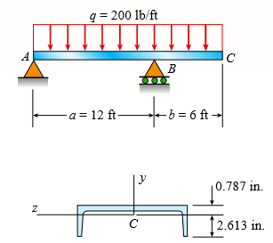 A beam ABC with an overhang from B to C supports a uniform load of 200 lb/ft throughout its length (see figure). The beam is a channel section with dimensions as shown in the figure. The moment of inertia about the z axis (the neutral axis) equals 8.13 in4.
(a) Calculate the maximum tensile stress σt and maximum compressive stress σc due to the uniform load.
(b) Find the required span length a that results in the ratio of larger to smaller compressive stress being equal to the ratio of larger to smaller tensile stress for the beam. Assume that the total length L = a + b = 18 ft remains unchanged.