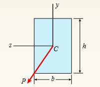 A beam with a rectangular cross section supports an inclined load P having its line of action along a diagonal of the cross section (see figure). Show that the neutral axis lies along the other diagonal.