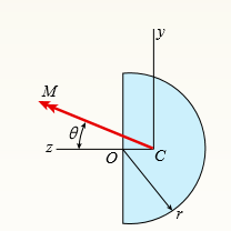 A beam with a semicircular cross section of radius r is subjected to a bending moment M having its vector at an angle θ to the z axis (see figure).
Derive formulas for the maximum tensile stress σt and the maximum compressive stress σc in the beam for θ = 0.45°, and 90°. Express the results in the form a M/r3, where a is a numerical value.