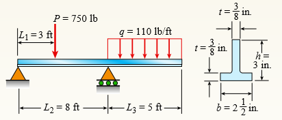 A beam with a T-section is supported and loaded as shown in the figure. The cross section has width b = 21/2 in, height h = 3 in, and thickness t = 3/8 in.
(a) Determine the maximum tensile and compressive stresses in the beam.
(b) If the allowable stresses in tension and compression are 18 ksi and 12 ksi, respectively, what is the required depth h of the beam? Assume that thickness t remains at 3/8 in. and that flange width b = 2.5 in.
(c) Find the new values of loads P and q so that the allowable tension (18 ksi) and compression (12 ksi) stresses are reached simultaneously for the beam. Use the beam cross section in part (a) (see figure) and assume that L1, L2, and L3 are unchanged.