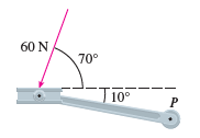 A bicycle pedal is pushed by a foot with a 60-N force as shown. The shaft of the pedal is 18 cm long. Find the magnitude of the torque about P.