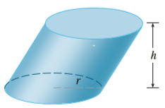 (a) Cavalieri’s Principle states that if a family of parallel planes gives equal cross-sectional areas for two solidsS1 and S2, then the volumes of S1 and S2 are equal. Prove this principle.
(b) Use Cavalieri’s Principle to find the volume of the oblique cylinder shown in the figure.