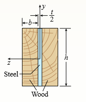A composite beam is constructed using a steel plate (0.5 in. × 6 in.) with two wood beams (3 in. × 6 in.) on either side. The wood and steel are securely fastened to act as a single beam. The beam is subjected to a positive bending moment Mz = 60 kip-in. Calculate the maximum tensile and compressive stresses in the wood and steel if Ew = 1500 ksi and Es = 29,500 ksi.