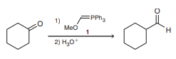 A convenient method for achieving the transformation below involves treatment of the ketone with Wittig reagent 1 followed by acid-catalyzed hydration:
a. Predict the product of the Wittig reaction.
b. Propose a plausible mechanism for the acid-catalyzed hydration to form the aldehyde.