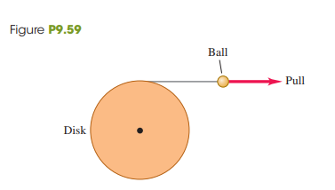 A disk of radius 25.0 cm is free to turn about an axle perpendicular to it through its center. It has very thin but strong string wrapped around its rim, and the string is attached to a ball that is pulled tangentially away from the rim of the disk (Fig. P9.59). The pull increases in magnitude and produces an acceleration of the ball that obeys the equation a(t)= At, where t is in seconds and A is a constant. The cylinder starts from rest, and at the end of the third second, the ball’s acceleration is 1.80 m/s2.
(a) Find A.
(b) Express the angular acceleration of the disk as a function of time.
(c) How much time after the disk has begun to turn does it reach an angular speed of 15.0 rad/s?
(d) Through what angle has the disk turned just as it reaches 15.0 rad/s?
Fig. P9.59: