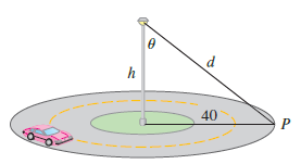 A light is to be placed atop a pole of height feet to illuminate a busy traffic circle, which has a radius of 40 ft. The intensity of illumination I at any point P on the circle is directly proportional to the cosine of the angle (see the figure) and inversely proportional to the square of the distance from the source.
(a). How tall should the light pole be to maximize I?
(b). Suppose that the light pole is feet tall and that a woman is walking away from the base of the pole at the rate of 4 ft/s. At what rate is the intensity of the light at the point on her back 4 ft above the ground decreasing when she reaches the outer edge of the traffic circle?