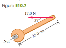 A machinist is using a wrench to loosen a nut. The wrench is 25.0 cm long, and he exerts a 17.0-N force at the end of the handle at 37° with the handle (Fig. E10.7).
(a) What torque does the machinist exert about the center of the nut?
(b) What is the maximum torque he could exert with this force, and how should the force be oriented?
Fig. E10.7:
