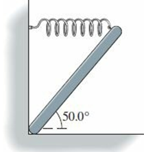 A modern sculpture has a large horizontal spring, with a spring constant of 275 N/m, that is attached to a 53.0 kg piece of uniform metal at its end and holds the metal at an angle of 50.0° above the horizontal direction. The other end of the metal is wedged into a corner as shown. By how much has the spring stretched?