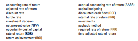 A number of terms are listed below:
Select the terms from the above list to complete the following sentences.
The goal of ________________ is to provide capacity in a planned and orderly manner that will match the predicted demand growth of the company and achieve a targeted __________ _____________ on these investments. The determination of the ROR links closely to the operating income or profit on sales. That is why ___________ affect the statement of financial position, the statement of comprehensive income, and the statement of cash flows. Capital budgeting requires a careful analysis of the amount and timing of cash outflows and cash inflows. There are four methods from which a management team can choose: ___ _______ __, ________ ____ __ ______, _______, __________ _______ ____ __ ______ (or ______ __ _______). The first two methods require the calculation of discounted cash flow. The NPV method requires that the management team determine what its ________ ____ ____(___) must be (also called the discount rate, hurdle rate, or opportunity cost of capital). This discount rate is the return the team could expect from investing in a different project of similar risk. In contrast the IRR (sometimes called the ________ ____ __ ______) is fully determined by cash inflow and outflow. It is the rate at which the discounted net cash flow is zero. The _______ is based on nominal, not discounted, cash flow. It is simply the total investment divided by cash inflow to determine the time it takes to recover the cost of the investment. The ____ is calculated by dividing the increase in an accrual, expected average operating income, by the cost of the initial investment.
