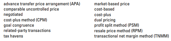 A number of terms are listed below:
Required:
Select the terms from the above list to complete the following sentences.
The CRA constrains global transfer-pricing choices, and provincial tax authorities constrain the interprovincial transfer-pricing choice of management teams. A wise team will undertake an _ ______ ________ _____ ___________ (_ __ ) to avoid future tax liabilities. There are two interprovincial transfer-price alternatives when no ______ _____ _____ exists. The alternatives are either ____ _____ , which is a cost plus approach, or __________ transfer prices that fall between a market and cost-plus price. Of course a _________ price may be either full absorption or variable cost-based, and in the transfer the same company may use _ ___ _______. The transferring division charges at a cost-based price while the receiving division pays at a market-based price. The difference is billed to a common corporate account rather than to the divisions. This method reduces _ ___ __________ problems between transferring divisions. There are three multinational corporate transfer-price alternatives. The respective tax authorities scrutinize these _ ______ _____ ___________ very carefully to ensure their jurisdictions receive the appropriate tax payments from each party in the transfer. The alternatives are the ___________ ____ _____ (CUP), ______ _____ (___), _________ (___), _____________(___), and _____________ ___ ______ _______ (____). In addition to negotiating APA with governments, corporations also minimize taxes by establishing legitimate subsidiaries in ___ ______ that share information with other governments.