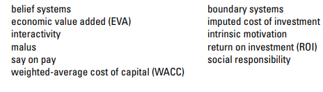 A number of terms are listed below:
Required:
Select the terms from the above list to complete the following sentences.
Governance, or the management stewardship of assets management does not own, according to laws and regulations is more closely scrutinized than before. Legal reform in the United States now mandates a shareholder vote on any executive compensation packages, referred to as a ___ __ ___ . While we are very familiar with executive bonus, a new clawback of previous compensation, or a _ ____, is becoming a feature of compensation. One important performance measure that could determine a bonus or malus is the accounting _ _____ __ __________ (_ __) , calculated by dividing the net income by the investment made. Another measure is the RRR, also called the _______ ____ __ __________, which represents a return forgone from tying up cash in existing investments. A third measure is the ________ _____ _____ (_ __ ), which is calculated by subtracting the total assets minus current liabilities multiplied by the ________ _______ ____ __ _______ (_ ___ ) from the after-tax operating income. But executive performance is not the only factor or even the most important factor affecting corporate profitability, excellent governance, and corporate _ _____ ______________. Good management control systems will separate the effects of good luck from good management on performance. Additional considerations when designing a good management control system include ________ _______, ______ _______, _________ __________, and _____________.