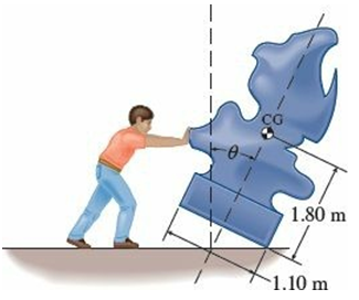 A sculpture is 4.00 m tall and has its center of gravity located 1.80 m above the center of its base. The base is a square with a side of 1.10 m. To what angle θ can the sculpture be tipped before it falls over?