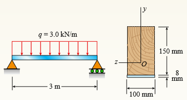 A simply supported composite beam 3 m long carries a uniformly distributed load of intensity q = 30 kN/m (see figure). The beam is constructed of a wood member, 100 mm wide by 150 mm deep, and is reinforced on its lower side by a steel plate 8 mm thick and 100 mm wide.
(a) Find the maximum bending stresses σw and σs in the wood and steel, respectively, due to the uniform load if the moduli of elasticity are Ew = 10 GPa for the wood and Es = 210 GPa for the steel.
(b) Find the required thickness of the steel plate so that the steel plate and wood reach their allowable stress values, σas = 100 MPa and σaw = 8.5 MPa, simultaneously under the maximum moment.