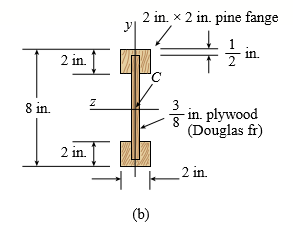 A simply supported wooden I-beam with a 12-ft span supports a distributed load of intensity q = 90 lb/ft over its length (see figure part a). The beam is constructed with a web of Douglas-fir plywood and flanges of pine glued to the web, as shown in the figure part b. The plywood is 3/8 in. thick; the flanges are 2 in. × 2 in. (actual size). The modulus of elasticity for the plywood is 1,600,000 psi and for the pine is 1,200,000 psi.
(a) Calculate the maximum bending stresses in the pine flanges and in the plywood web.
(b) What is qmax if allowable stresses are 1600 psi in the flanges and 1200 psi in the web?