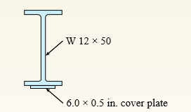 A steel plate (called a cover plate) having cross-sectional dimensions 6.0 in × 0.5 in is welded along the full length of the bottom flange of a W 12 × 50 wide-flange beam (see figure, which shows the beam cross section).
What is the percent increase in the smaller section modulus (as compared to the wide-flange beam alone)?