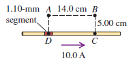A straight wire carries a 10.0-A current (Fig. E28.9). ABCD is a rectangle with point D in the middle of a 1.10-mm segment of the wire and point C in the wire. Find the magnitude and direction of the magnetic field due to this segment at
Fig. E28.9:
(a). point A;
(b). point B;
(c). point C.
