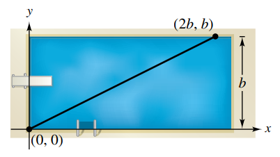 A swimmer crosses a pool of width b by swimming in a straight line from (0, 0) to (2b, b). (See figure.)
a. Let f be a function defined as the y-coordinate of the point on the long side of the pool that is nearest the swimmer at any given time during the swimmer’s crossing of the pool. Determine the function f and sketch its graph. Is f continuous? Explain.
b. Let g be the minimum distance between the swimmer and the long sides of the pool. Determine the function g and sketch its graph. Is g continuous? Explain.