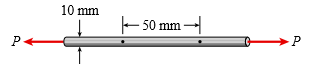 A tensile test is performed on a brass specimen 10 mm in diameter using a gage length of 50 mm (see figure). When the tensile load P reaches a value of 20 kN, the distance between the gage marks has increased by 0.122 mm.
(a) What is the modulus of elasticity E of the brass?
(b) If the diameter decreases by 0.00830 mm, what is Poisson’s ratio?