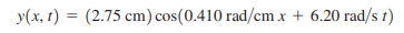 A water wave traveling in a straight line on a lake is described by the equation
where y is the displacement perpendicular to the undisturbed surface of the lake.
(a) How much time does it take for one complete wave pattern to go past a fisherman in a boat at anchor, and what horizontal distance does the wave crest travel in that time?
(b) What are the wave number and the number of waves per second that pass the fisherman?
(c) How fast does a wave crest travel past the fisherman, and what is the maximum speed of his cork floater as the wave causes it to bob up and down?