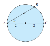 A woman at a point A on the shore of a circular lake with radius 2 mi wants to arrive at the point C diametrically opposite A on the other side of the lake in the shortest possible time (see the figure). She can walk at the rate of 4 mi/h and row a boat at 2 mi/h. How should she proceed?