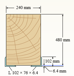 A wood beam in a historic theater is reinforced with two angle sections at the outside lower corners (see figure). If the allowable stress in the wood is 12 MPa and that in the steel is 140 MPa, what is ratio of the maximum permissible moments for the beam before and after reinforcement with the angle sections? Assume that Ew = 12 GPa and Es = 210 GPa.
