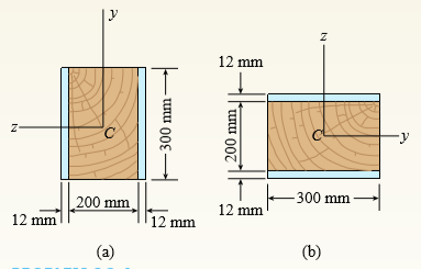 A wood beam with cross-sectional dimensions 200 mm × 300 mm is reinforced on its sides by steel plates 12 mm thick (see figure). The moduli of elasticity for the steel and wood are Es = 190 GPa and Ew = 11 GPa, respectively. Also, the corresponding allowable stresses are σs = 110 MPa and σw = 7.5 MPa.
(a) Calculate the maximum permissible bending moment Mmax when the beam is bent about the z axis.
(b) Repeat part (a) if the beam is now bent about its y axis.
(c) Find the required thickness of the steel plates on the beam bent about the y axis so that Mmax is the same for both beam orientations.