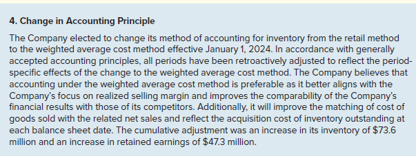 Action and Fashion (A&F) Company is a specialty retail company operating over 1,000 stores globally. The following disclosure note was included in the financial statements:
Required:
1. What approach should A&F take to account for its change in inventory accounting (retrospective, modified retrospective, or prospective)?
2. Will A&F need to restate financial statements prior to the year of the accounting change (yes/no)?
3. Which enhancing qualitative characteristic of accounting best describes the reason for A&F’s approach to accounting for its change in inventory method?