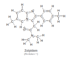 Ambien™ is a sedative used in the treatment of insomnia. It was discovered in 1982 and brought to market in 1992 (it takes a long time for new drugs to undergo the extensive testing required to receive approval from the Food and Drug Administration). Identify the hybridization state and geometry of each carbon atom in the structure of this compound: