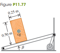 An engineer is designing a conveyor system for loading hay bales into a wagon (Fig. P11.77). Each bale is 0.25 m wide, 0.50 m high, and 0.80 m long (the dimension perpendicular to the plane of the figure), with mass 30.0 kg. The center of gravity of each bale is at its geometrical center. The coefficient of static friction between a bale and the conveyor belt is 0.60, and the belt moves with constant speed.
(a) The angle b of the conveyor is slowly increased. At some critical angle a bale will tip (if it doesn’t slip first), and at some different critical angle it will slip (if it doesn’t tip first). Find the two critical angles and determine which happens at the smaller angle.
(b) Would the outcome of part (a) be different if the coefficient of friction were 0.40?
Fig. P11.77: