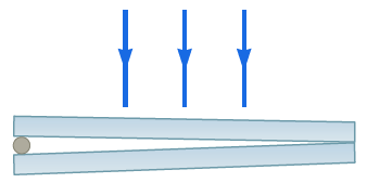 An investigator finds a fiber at a crime scene that he wishes to use as evidence against a suspect. He gives the fiber to a technician to test the properties of the fiber. To measure the diameter of the fiber, the technician places it between two flat glass plates at their ends as in Figure P24.24. When the plates, of length 14.0 cm, are illuminated from above with light of wavelength 6.50 x 102 nm, she observes bright interference bands separated by 0.580 mm. What is the diameter of the fiber?
Figure P24.24: