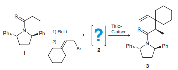 As shown, compound 1 can be transformed to compound 2, which undergoes a thio-Claisen rearrangement (similar to a Claisen rearrangement, but with sulfur instead of oxygen) to give compound 3.
a. Identify the structure of compound 2, which contains a carboncarbon π bond in the Z configuration. (Hint: Work backward from compound 3.)
b. Propose a plausible mechanism for the transformation of 1 to 2.
c. Offer an explanation for the stereochemical outcome that is observed with respect to the newly formed chiral center. (Hint: You might find it helpful to use a molecular model set.)