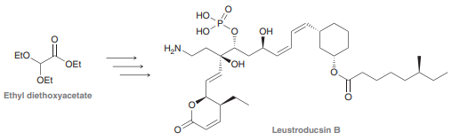 As with aldehydes and ketones, the α position of esters can also be deprotonated. The enolate of ethyl diethoxyacetate was prepared in a synthesis of leustroducsin B, a natural product that has been shown to increase resistance to bacterial infection. Show a mechanism of formation of the enolate of ethyl diethoxyacetate by treatment with a strong base, and draw both resonance structures of the enolate formed.