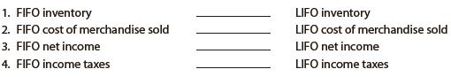 Assume that a firm separately determined inventory under FIFO and LIFO and then compared the results.
a. In each space that follows, place the correct sign [less than (), or equal (=)] for each comparison, assuming periods of rising prices.


b. Why would management prefer to use LIFO over FIFO in periods of rising prices?

