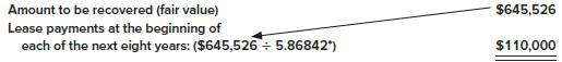 Bidwell Leasing purchased a single-engine plane for its fair value of $645,526 and leased it to Red Baron Flying Club on January 1, 2018.
Terms of the lease agreement and related facts were:
a. Eight annual payments of $110,000 beginning January 1, 2018, the beginning of the lease, and at each December 31 through 2024. Bidwell Leasing’s implicit interest rate was 10%. The estimated useful life of the plane is eight years. Payments were calculated as follows:


*Present value of an annuity due of $1: n = 8, i = 10%.
b. Red Baron’s incremental borrowing rate is 11%.
c. Incremental costs of negotiating and consummating the completed lease transaction incurred by Bidwell Leasing were $18,099.

Required:
1. How should this lease be classified
(a) By Bidwell Leasing (the lessor) and
(b) By Red Baron (the lessee)?
2. Prepare the appropriate entries for both Red Baron Flying Club and Bidwell Leasing on January 1, 2018.
3. Prepare an amortization schedule that describes the pattern of interest expense over the lease term for Red Baron Flying Club.
4. Determine the effective rate of interest for Bidwell Leasing for the purpose of recognizing interest revenue over the lease term.
5. Prepare an amortization schedule that describes the pattern of interest revenue over the lease term for Bidwell Leasing.
6. Prepare the appropriate entries for both Red Baron and Bidwell Leasing on December 31, 2018 (the second lease payment). Both companies use straight-line depreciation.
7. Prepare the appropriate entries for both Red Baron and Bidwell Leasing on December 31, 2024 (the final lease payment).

