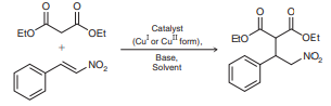 Chiral catalysts can be designed to favor the formation of a single enantiomer in reactions where a new chiral center is formed. Recently, a novel type of chiral copper catalyst was developed that is “redox reconfigurable” in that the S enantiomer of the product predominates when the Cu form of the catalyst is used, and the R enantiomer is the main product when the Cu form is used (see below). This is not a general phenomenon, and only works for a limited number of reactions.
a. Draw the major products that form when the Cu or the Cu catalyst is used, specifying the stereochemistry and the catalyst required to make each product.
b. Consider the chart below, which summarizes the results of the reaction using different solvents. For each solvent, calculate the %S and %R. Which solvent produces the optimal results?