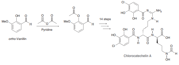 Chlorocatechelin A was isolated from a bacterial culture, but it had to be synthesized in the laboratory in order to obtain enough pure material for the study of its antimicrobial activity. Shown below is the first step of a 15-step synthesis of chlorocatechelin A, starting with ortho-vanillin. Propose a plausible mechanism for this reaction (pyridine is a base that can deprotonate the acidic phenol proton in ortho-vanillin to some extent).