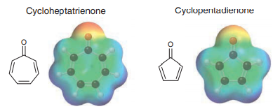 Compare the following electrostatic potential maps for cycloheptatrienone and cyclopentadienone.
Both of these maps were created using the same color scale so they can be compared. Notice the difference between the oxygen atoms in these two compounds. There is more partial negative character on the oxygen in the first compound (cycloheptatrienone). Can you offer an explanation for this difference?