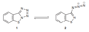 Compound 1 contains a tetrazole ring (a five-membered ring containing four nitrogen atoms), while its constitutional isomer, compound 2, exhibits an azido group (−N3). There is evidence that compounds 1 and 2 rapidly interconvert, and exist in equilibrium with one another. Of the four nitrogen atoms in these compounds, only one of them remains incorporated in a ring in compound 2. Determine whether this nitrogen atom undergoes a change in hybridization state as a result of the isomerization process. Explain.