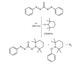 Compounds with the structure ArN=NCON=NAr (where Ar represents an aromatic group) are used in liquid crystal formulations for LCDs (liquid crystal displays) as well as for optical switches and image storage because of their high resolution and sensitivity. However, it has been found recently that, upon irradiation with light at 350 nm, bisphenyl carbodiazone (PhN=NCON=NPh) undergoes homolytic decomposition to give radicals that can be trapped with a tetramethylpiperidinoxyl (TEMPO) radical. Propose a mechanism that explains the formation of all three products from this process, shown below.