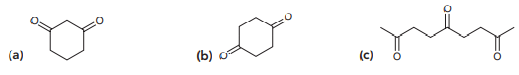 Compounds with two ketone groups are named as alkane diones; for example:
The compound above is an artificial flavor added to microwave popcorn and movie- theater popcorn to simulate the butter flavor. Interestingly, this very same compound is also known to contribute to body odor. Name the following compounds: