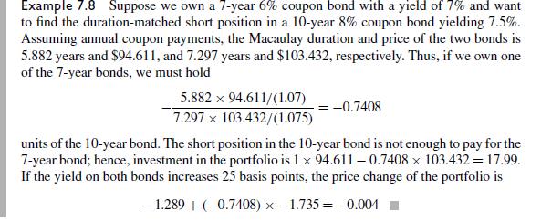Consider the bonds in Example 7.8. What hedge ratio would have exactly hedged the portfolio if interest rates had decreased by 25 basis points? Increased by 25 basis points? Repeat assuming a 50-basis-point change.


