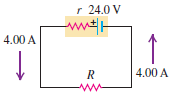 Consider the circuit shown in Fig. E25.26. The terminal voltage of the 24.0-V battery is 21.2 V. What are
Fig. E25.26:
(a). the internal resistance r of the battery and
(b) the resistance R of the circuit resistor?