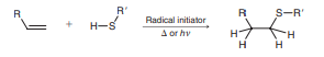 Consider the following radical process, called a thiol-ene coupling reaction, in which an alkene is treated with a thiol (RSH) in the presence of a radical initiator:
a. Draw a plausible mechanism for this process, showing the initiation and propagation steps.
b. Biochemists have become increasingly interested in using organic reactions to modify proteins (Chapter 25) and study their behavior. The thiol-ene coupling reaction has recently been used to couple proteins together in an effort to elucidate the function of specific enzymes. Predict the product that is expected when the following proteins undergo a thiol-ene coupling reaction: