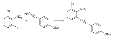 Consider the following reaction, in which the product results from substitution of fluorine and not from substitution of chlorine.
a. Draw a mechanism for this reaction.
b. Based on the observed regiochemical outcome, identify the step of the mechanism that is rate determining. Explain your answer.