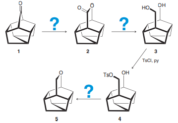Consider the following synthetic sequence:
a. Identify reagents that can be used to achieve each of the reactions shown. Note: Reagents have been shown for the conversion of 3 to 4, which involves selective tosylation of a primary alcohol in the presence of a secondary alcohol.
b. The 1H NMR spectrum of compound 5 has many more signals than the 1H NMR spectrum of compound 1. Explain.